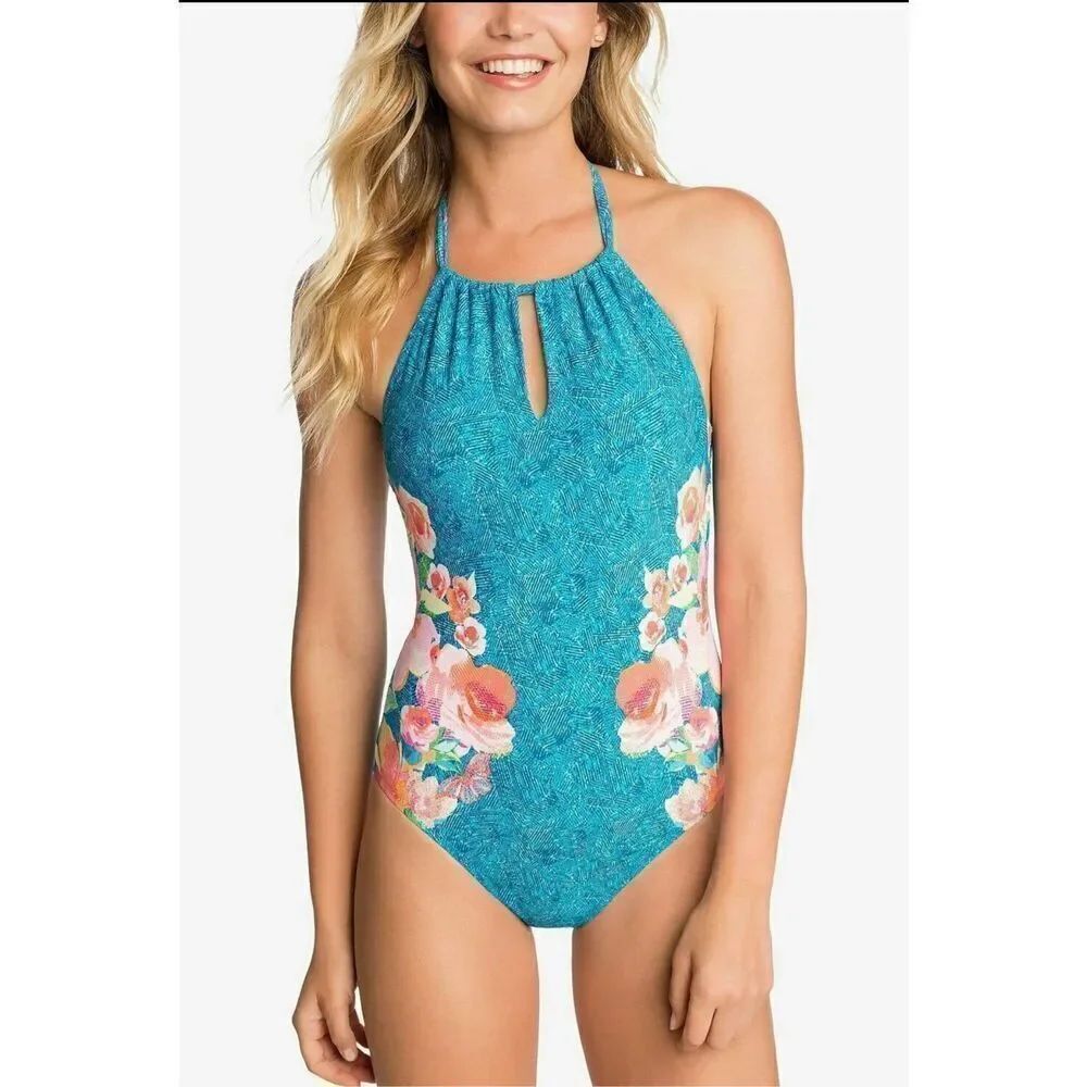 Vera Bradley Size M Halter One Piece Swimsuit Aqua Blue Wave Floral Tropical